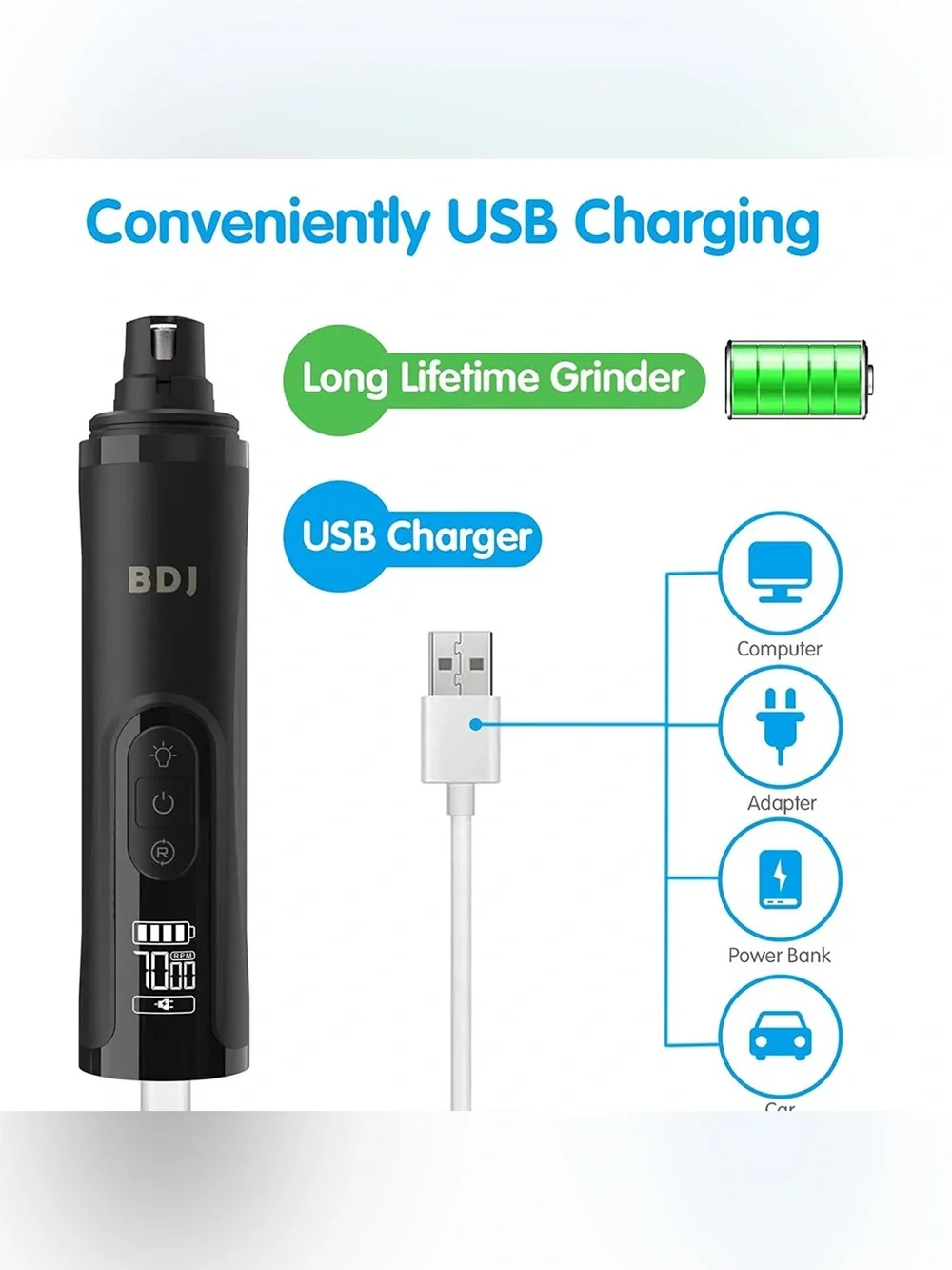 BDJ Dog Nail Grinder | 3 Speed | Rechargeable | Electric Nail Clipper